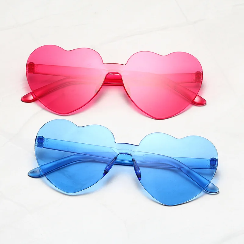 Wholesale Custom Frameless Lens Eyewear Candy Color PC Rimless Sun Glasses New Trendy Loving Heart Shape Sunglasses
