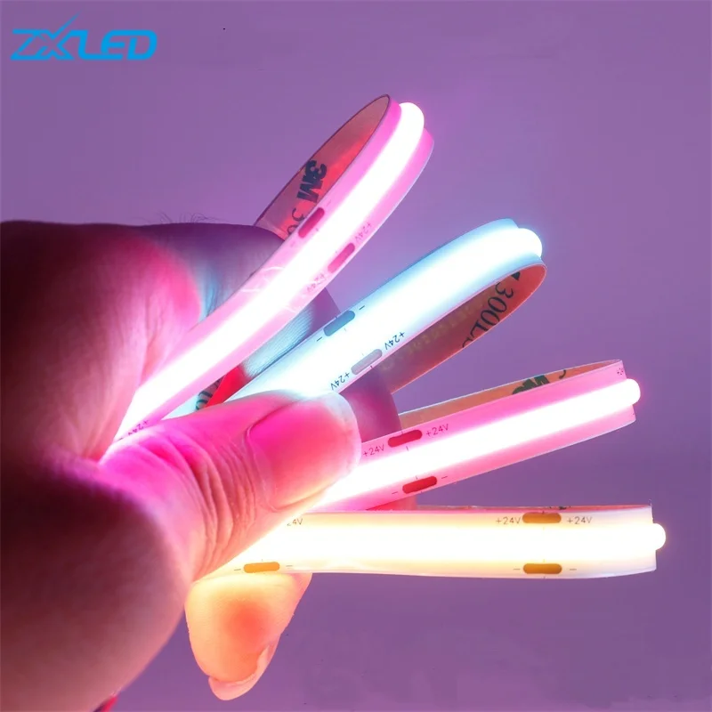 High Quality flexible cob led strip 24v 12V Red orange golden green blue purple pink ice blue 8MM 320LED led strip light