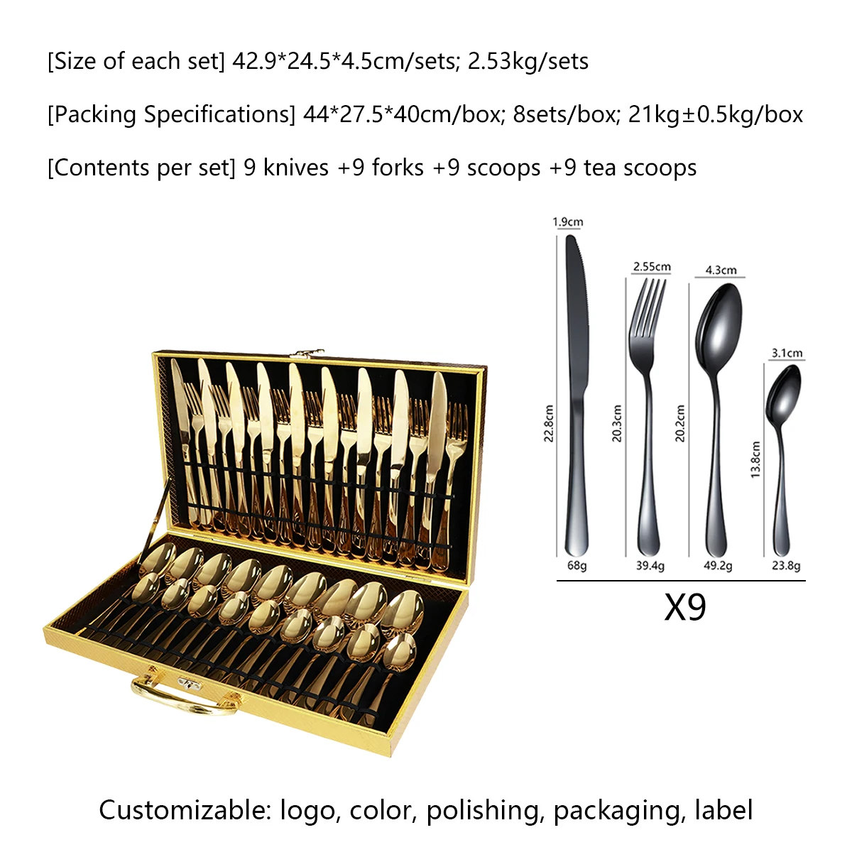 36 Pcs 1010 Gold Plated Cutlery Set With Wooden Box Stainless Steel Cutlery Set Spoon Knife Fork Set Modern Gold Flatware