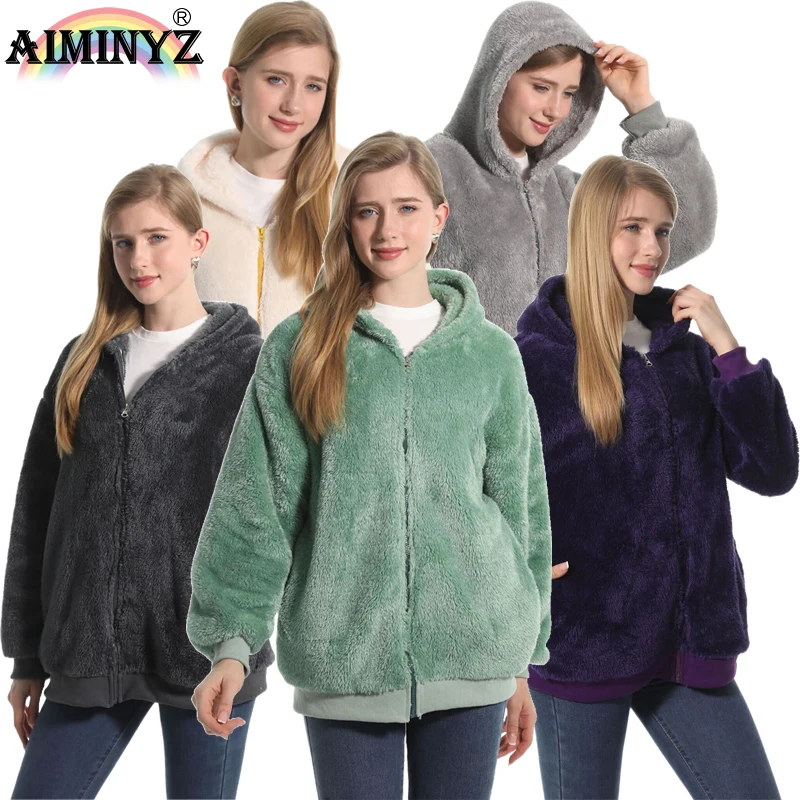 AIMINYZ Wholesale 2023 High Quality Winter Warm Plush Hooded Pure Sweater Soft Adult Short Zipper Shu Veleteen Leisure Coat