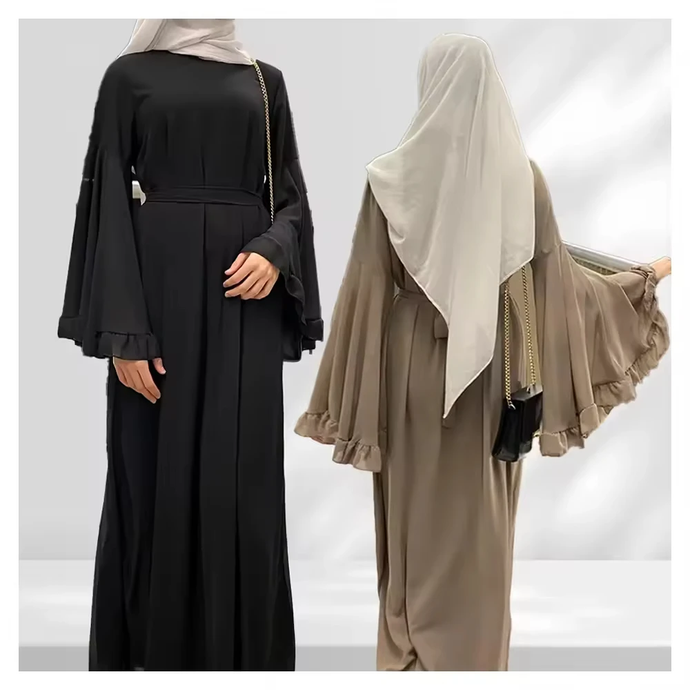 Wholesale Custom Abaya Turkey Ladies Islamic Clothing Luxury Chiffon Ruffled Sleeves Abaya Women Muslim Dresses Dubai Abaya
