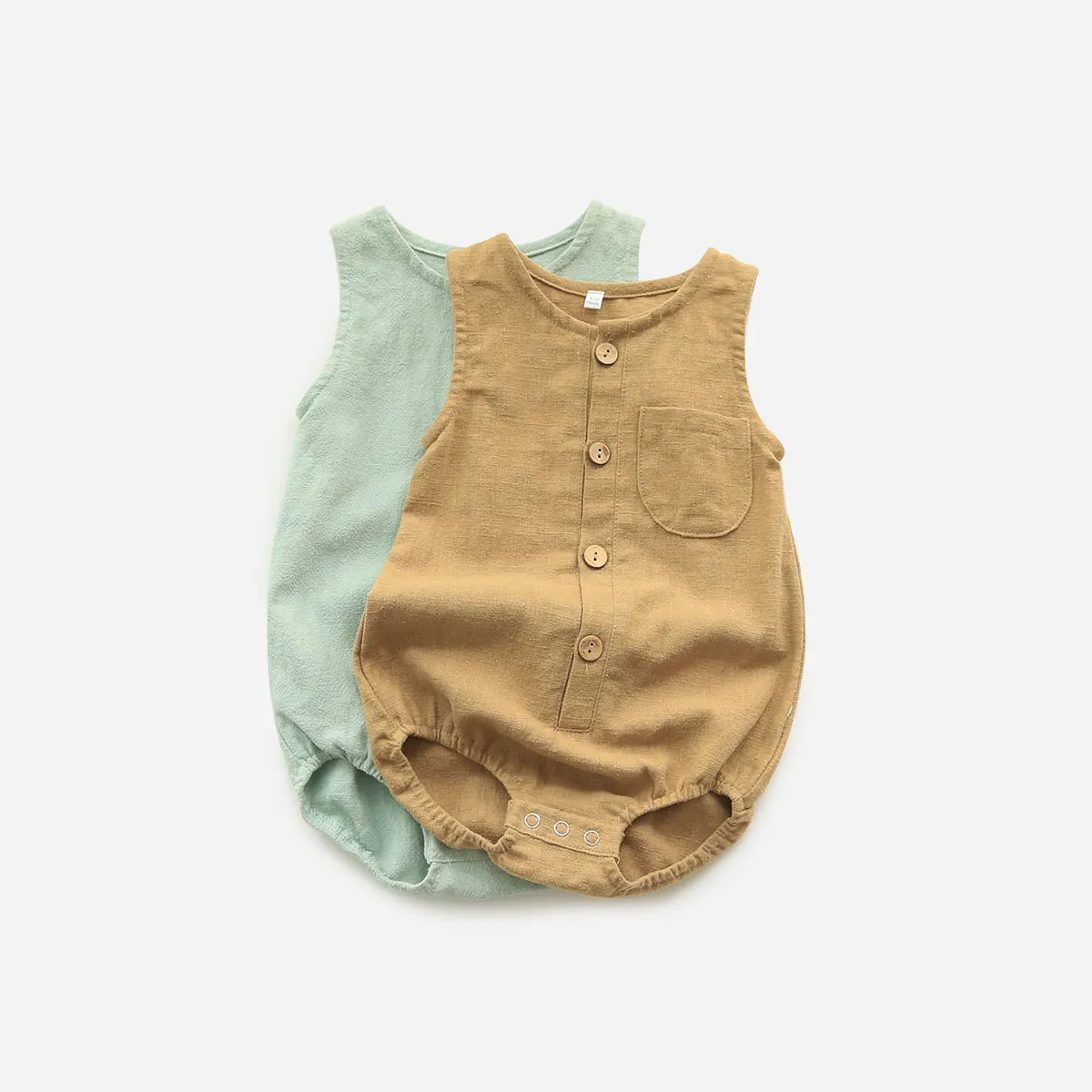 Wholesale Boutique Organic Linen Summer Pocket Button Casual Kids Clothing Sleeveless Solid Color Baby Romper
