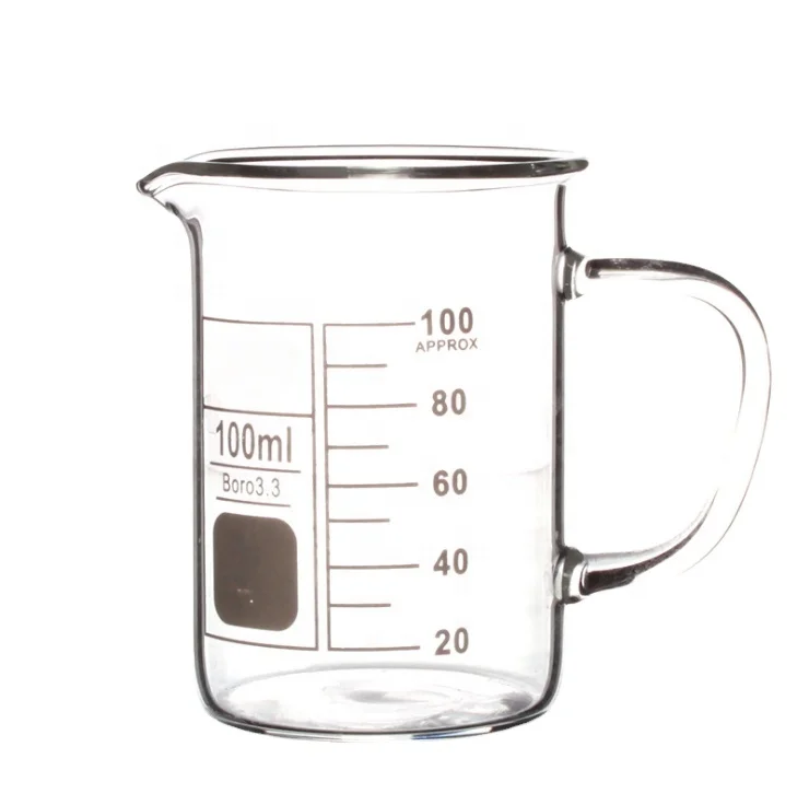 Лабораторная посуда, прозрачный стакан, стеклянный стакан с ручкой