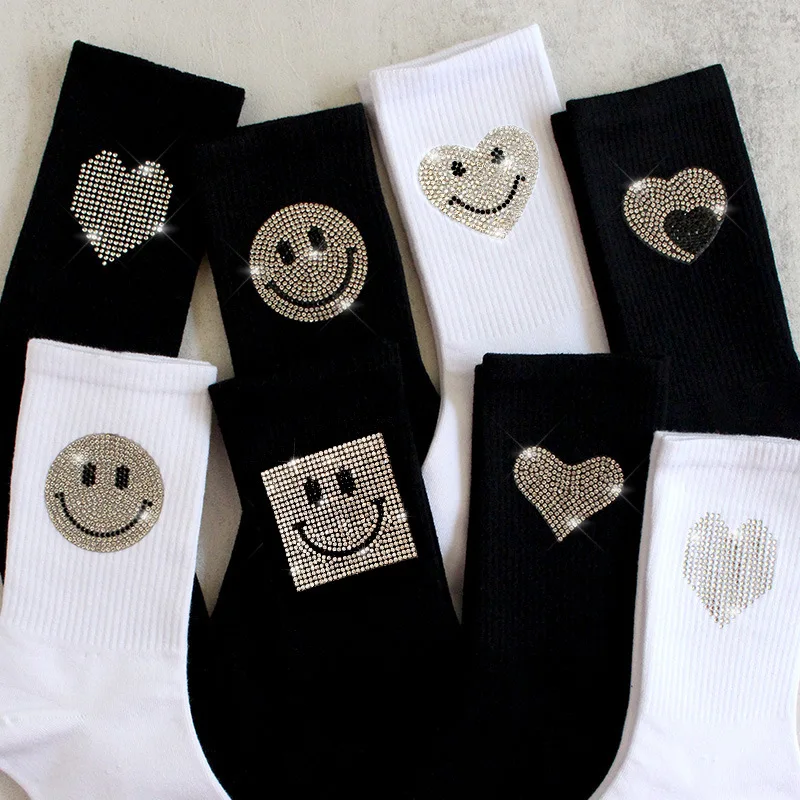 Fashion Glitter Diamond Heart Socks For Women Harajuku Shiny Stockings Autumn Loose Socks Rhinestone Mid-tube Cotton Socks