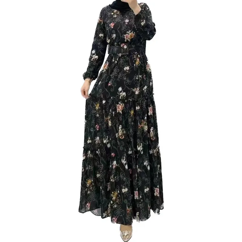 Wholesale Middle East Printed Dress Islamic Robe Ladies Long Floral Maxi Dress Dubai Abaya Women Muslim Dress