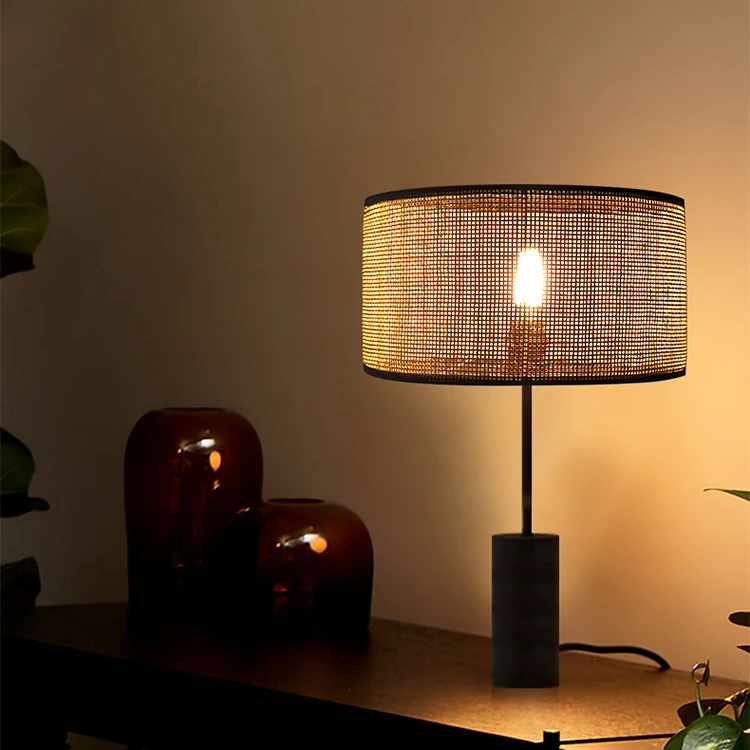 Wholesale Modern Small Nightstand Minimalist Handwoven Natural Black Rattan Wood Bamboo Table Lamp for Bedroom