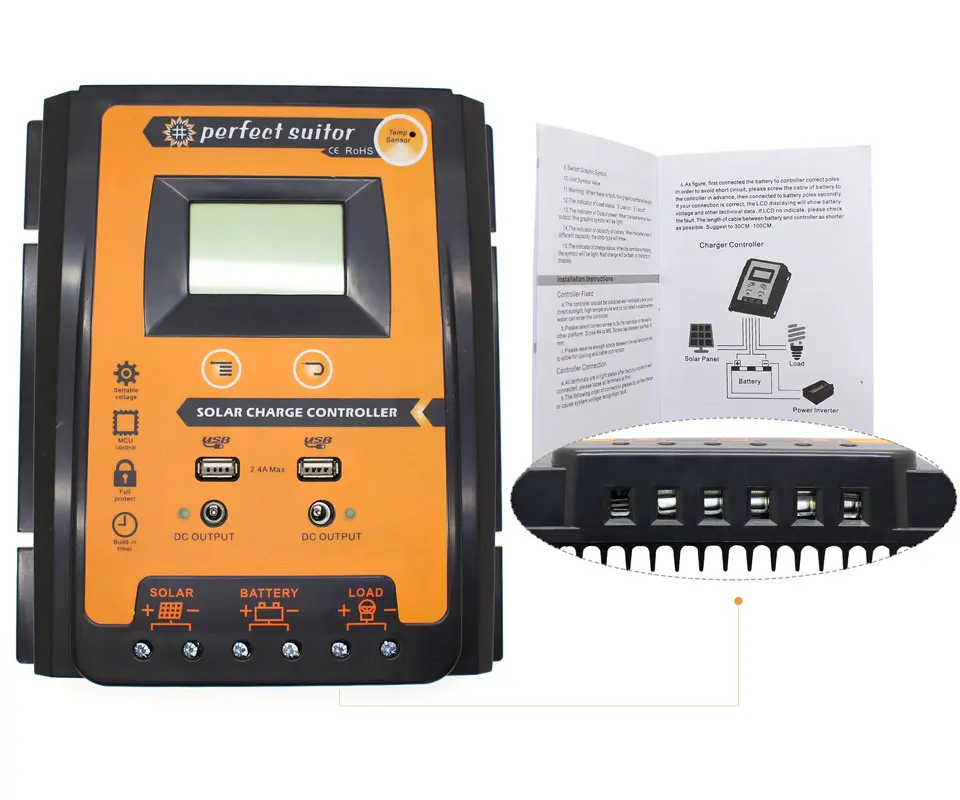 12V/24V auto PWM Intelligent Solar Charge Controller Regulator LCD Display USB output for Lithium and Lead-acid battery