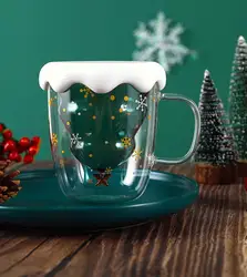 Christmas custom unique reusable double walled drink juicy borosilicate glass coffee cup with lid