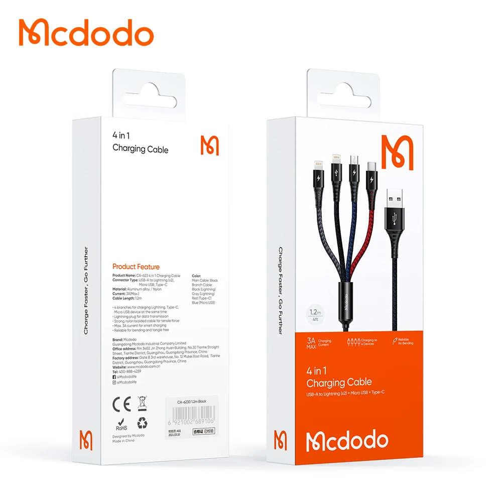 Mcdodo Fast Charging Multi Functional 1.2M 4 in 1 Usb Data Cable for iPhone Micro Type-C Dual Lighting 4in1 Phone Charging