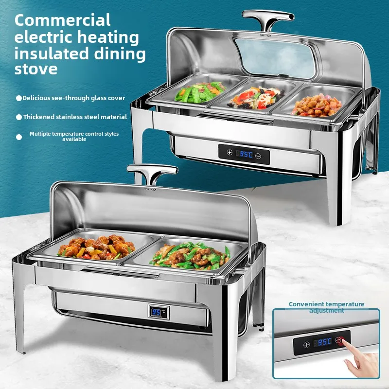 Stainless Steel 9L 13L Buffet Stove Electric Heating Insulated Furnace Full Flip Breakfast Hotel Restaurant  rectangle Hot Pot