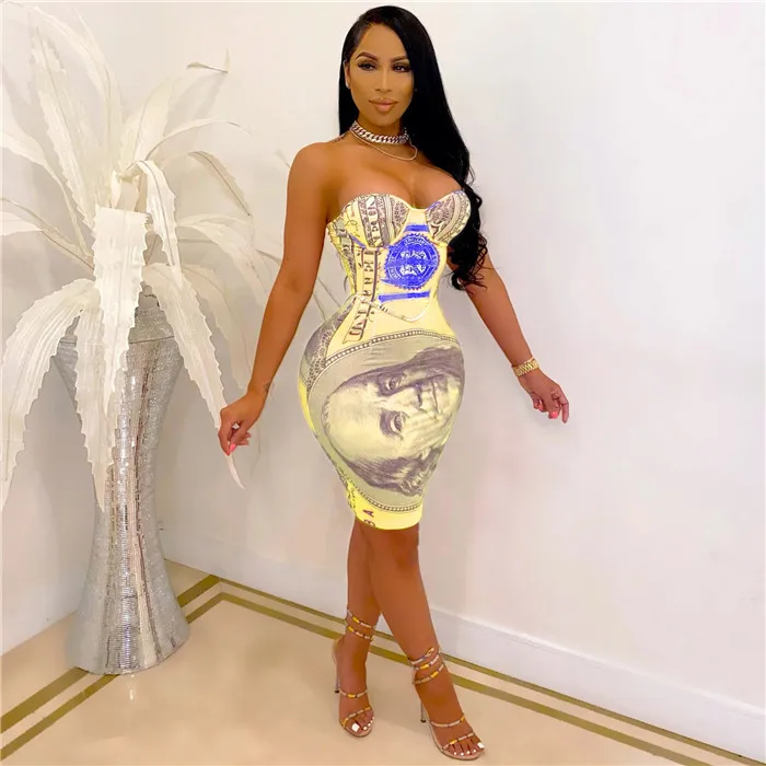 Dropshipping dresses sexy Clothes For Women 2021 Strapless Bodycon Usd Printed Dress Package Hip Dresses Women