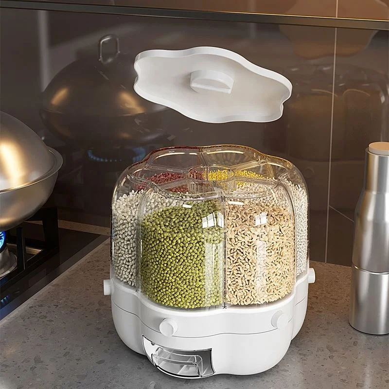 Moisture Resistant kitchen Rice and Grain Storage Container 360 degree Rotating Food Dispenser Measuring Cylinder with Lid