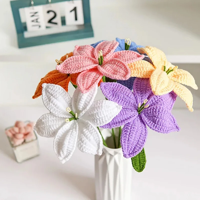 Artificial Flowers Lily Crochet Hand-knitted Artificial Cute Flowers Bouquet Hand Woven Flower Gifts Home Wedding Decoration