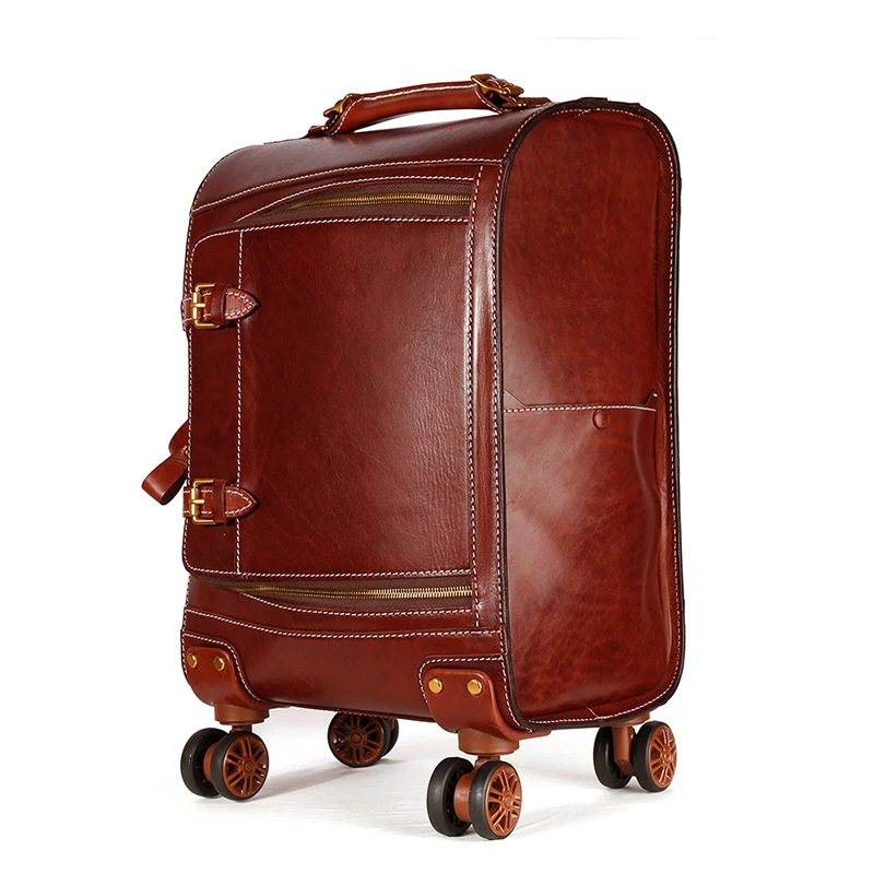 New leather retro trolley case 20 inch 360 Degree Wheels travel suitcase vegetable tanned leather hand luggage