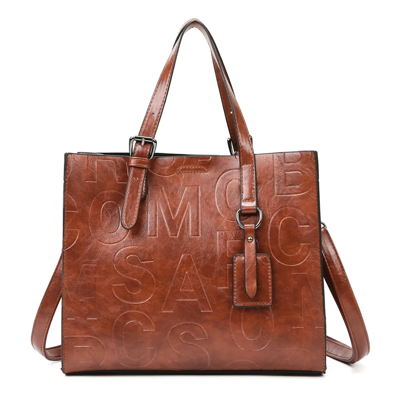 Tote bag large capacity PU leather with letters press pattern tech women bag for work docments bag fashion collection design