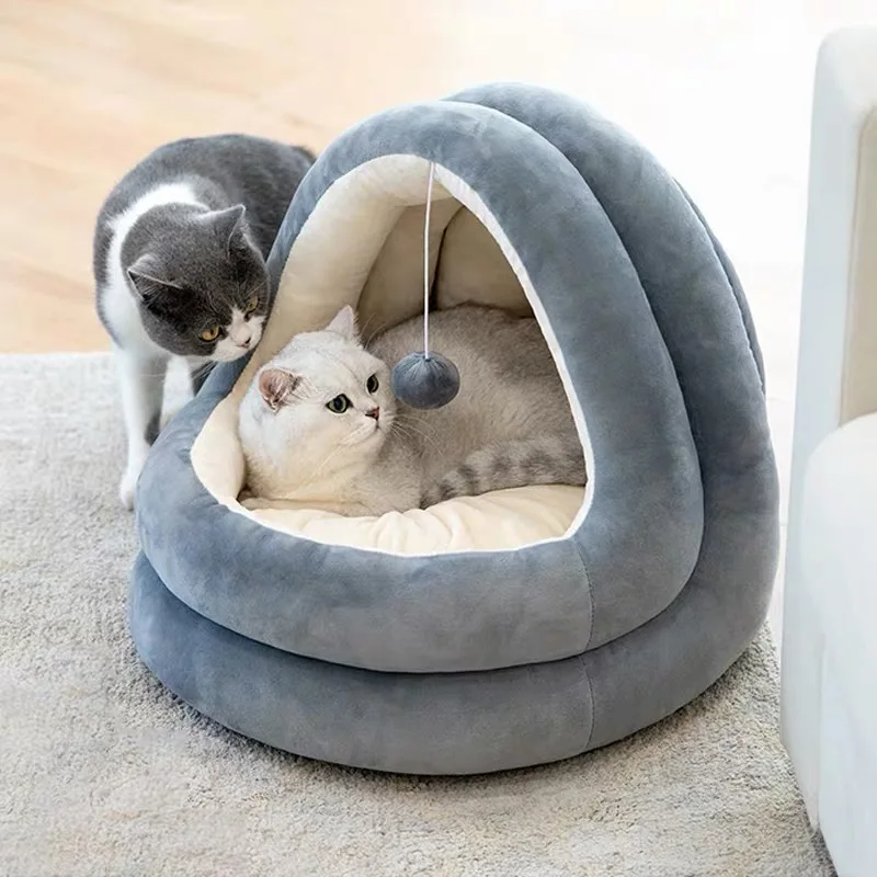 Warm Cat Calming Bed House with Ball Toys Pet Bed for Cats and Dogs Pet Supplies cave hooded cat bed