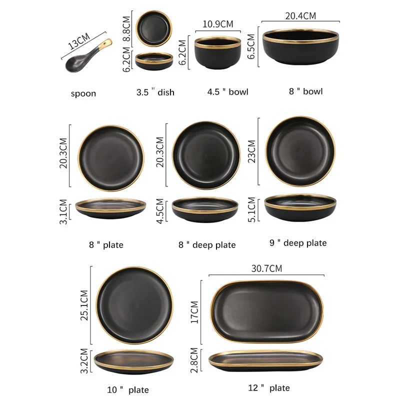 Steak Plate Tableware Ceramics Dinner Set Gold Pottery Porcelain Best Fine Nordic Luxury Living Dining Room Black For 6 Users