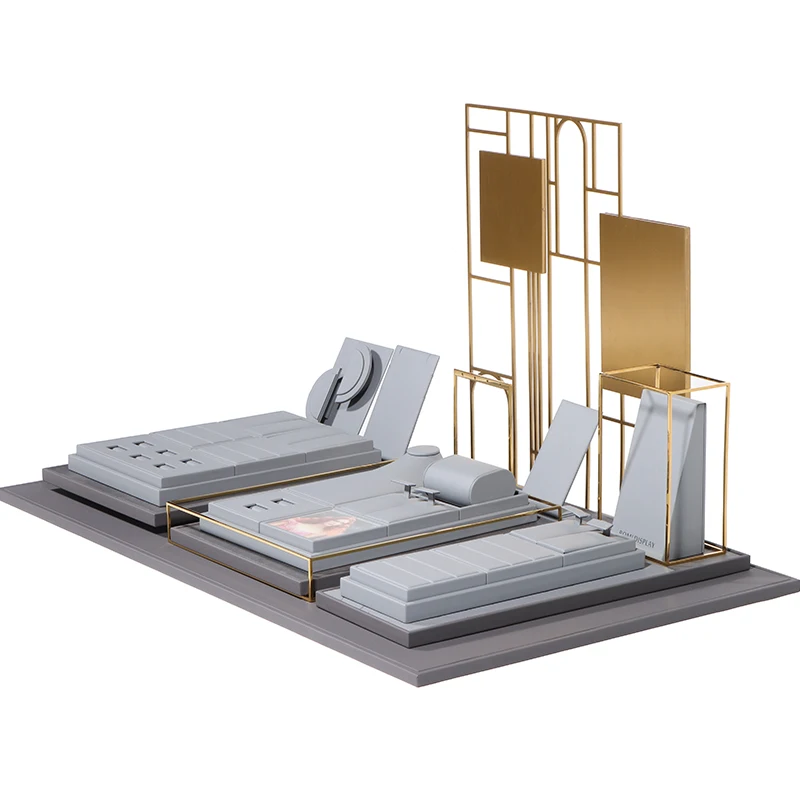 ROMI Custom Grey Metal Microfiber Ring Bracelet Necklace Holder Jewelry Display Stands Set Display Tray