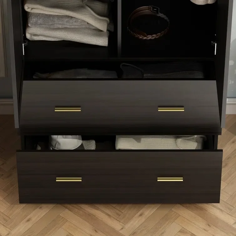 Luxury Bedroom Furniture Wooden Black Two Door Wardrobe with Mirror  Modern Wardrobe Armoire Clothes Organizer