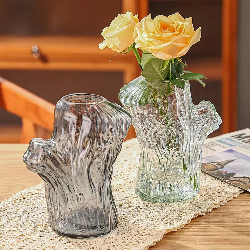 Unique Nordic Luxury Wood Grain Cement Stand Transparent Clear Flower Vases Cylinder Table Glass Vase For Home Decor