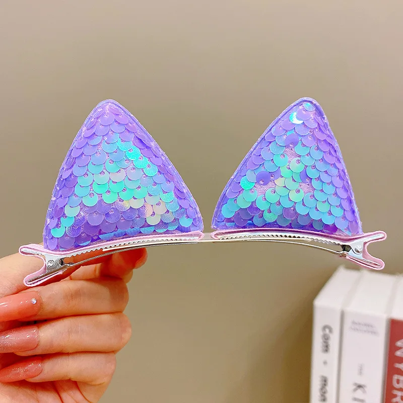 CN 2Pcs Cartoon Cat Ear Hairpins Toddler Girls Sequin Hair Clip Girls Princess Hair Accessories