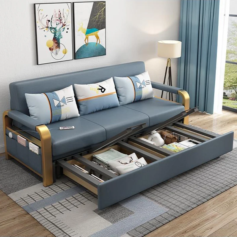 Modern Living Room Apartment Furniture Metal Frame Foldable Sofa Cum Bed With Storage Luxury Folding Sofa Bed
