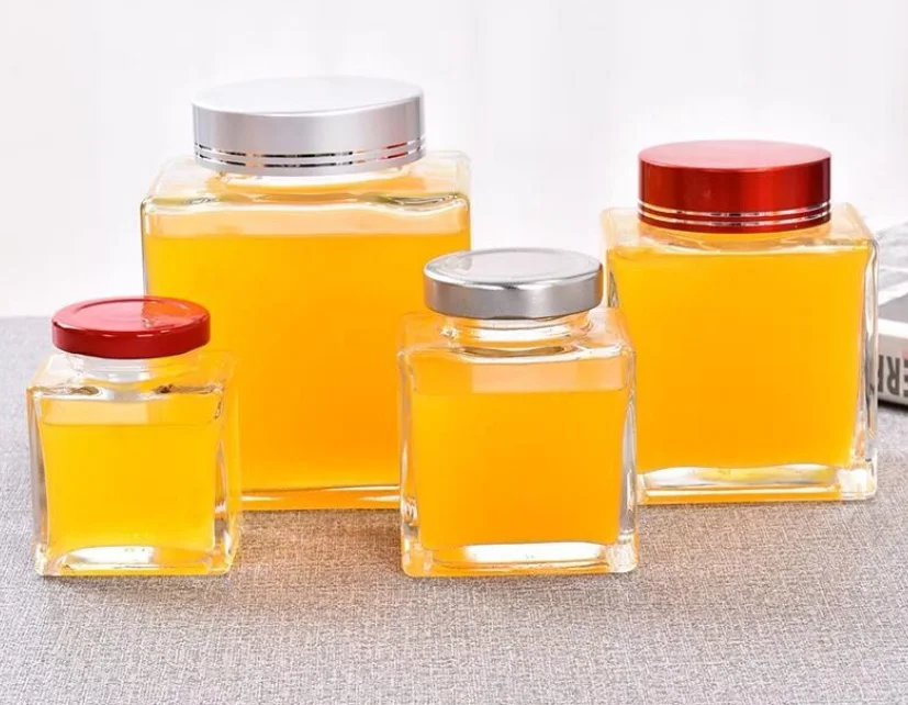 Stocked Empty Square Shape 100ML 180ML 360ML  Glass Jar With Canning Lid Glass Honey Jam Jars