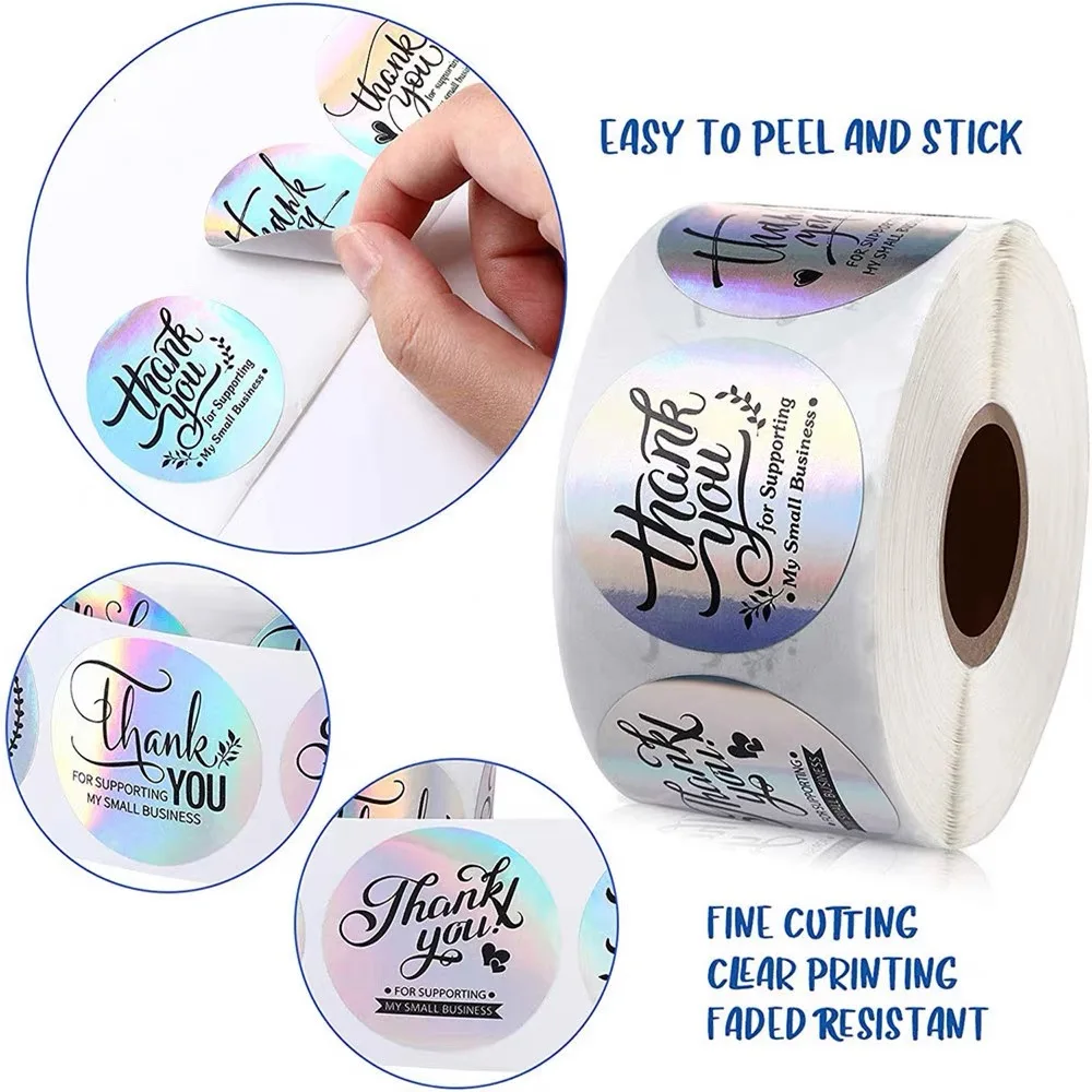 2024 New Design Large Stock of  Thank You  Sticker for Packing Round Laser Holography Sticker  Waterproof Plastic Round Sticker