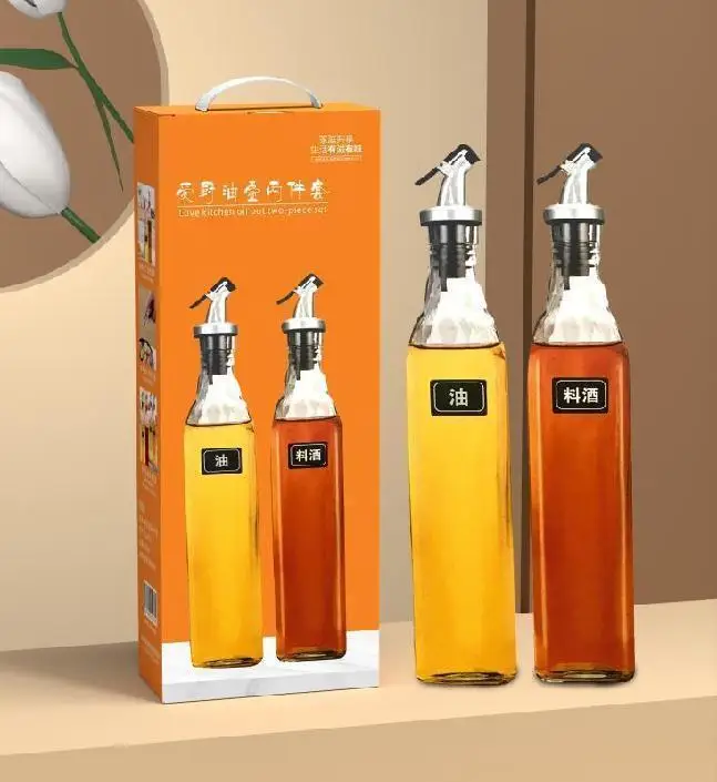 500ml glass square cooking olive oil storage dispenser bottle with spout for condiment soy sauce