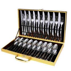 36 Pcs 1010 Gold Plated Cutlery Set With Wooden Box Stainless Steel Cutlery Set Spoon Knife Fork Set Modern Gold Flatware