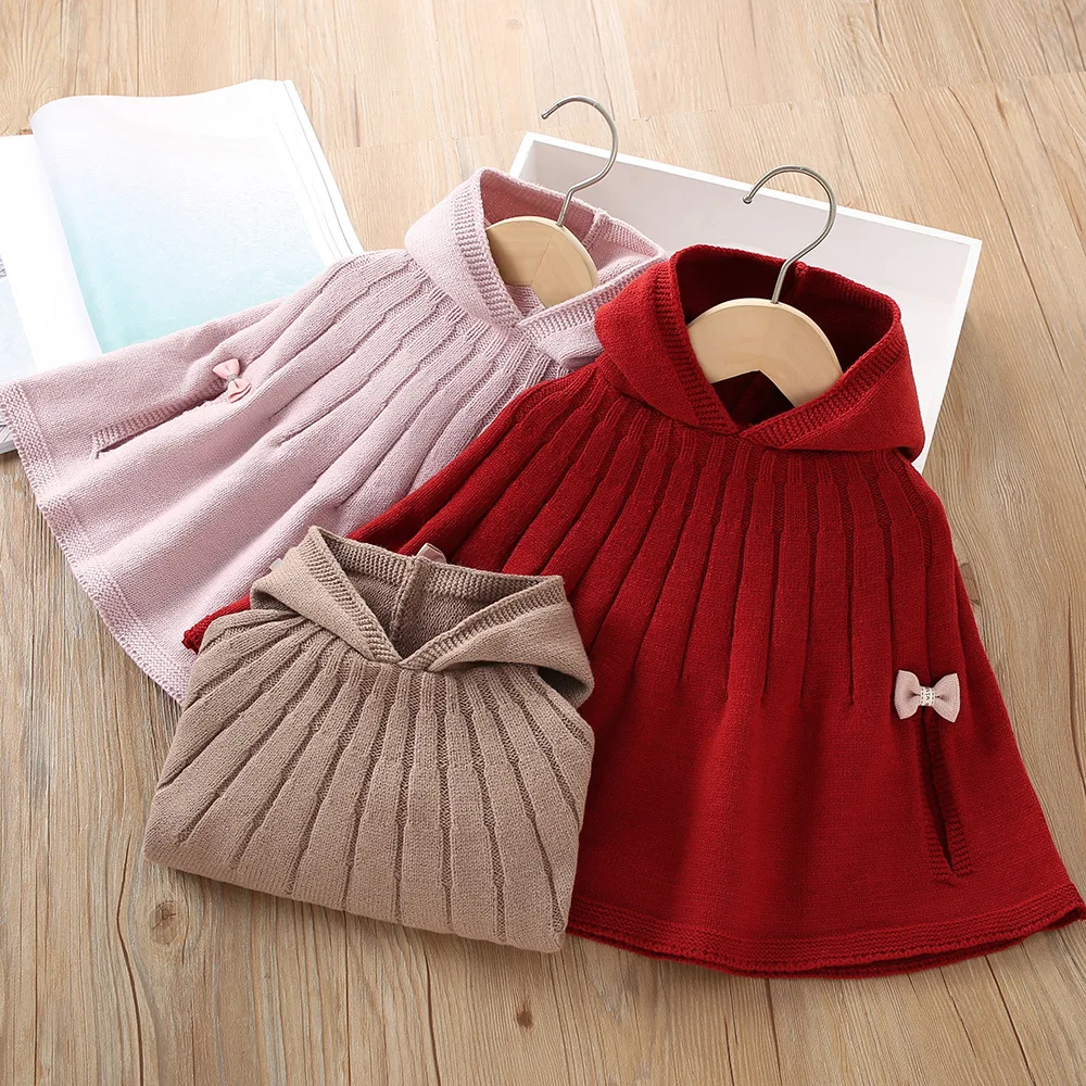 New Arrival Fashion Winter Autumn Kids Knitted Cloak Bows Sweet Baby Girls Coat