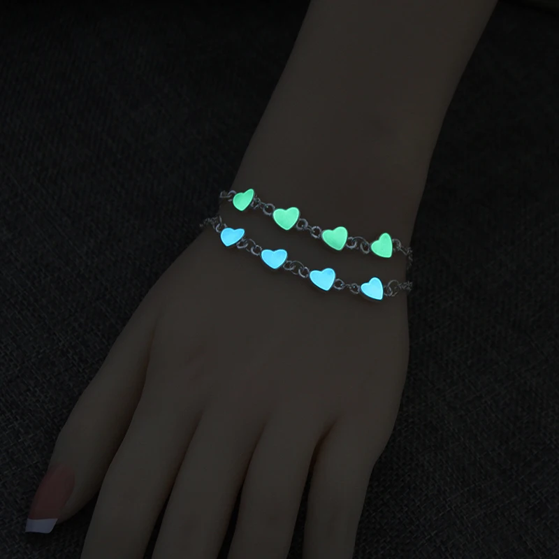 Glow In The Dark Luminous Couple Bracelets Glowing Bangle Chic Heart Charm Bracelet For Women Silver Jewelry