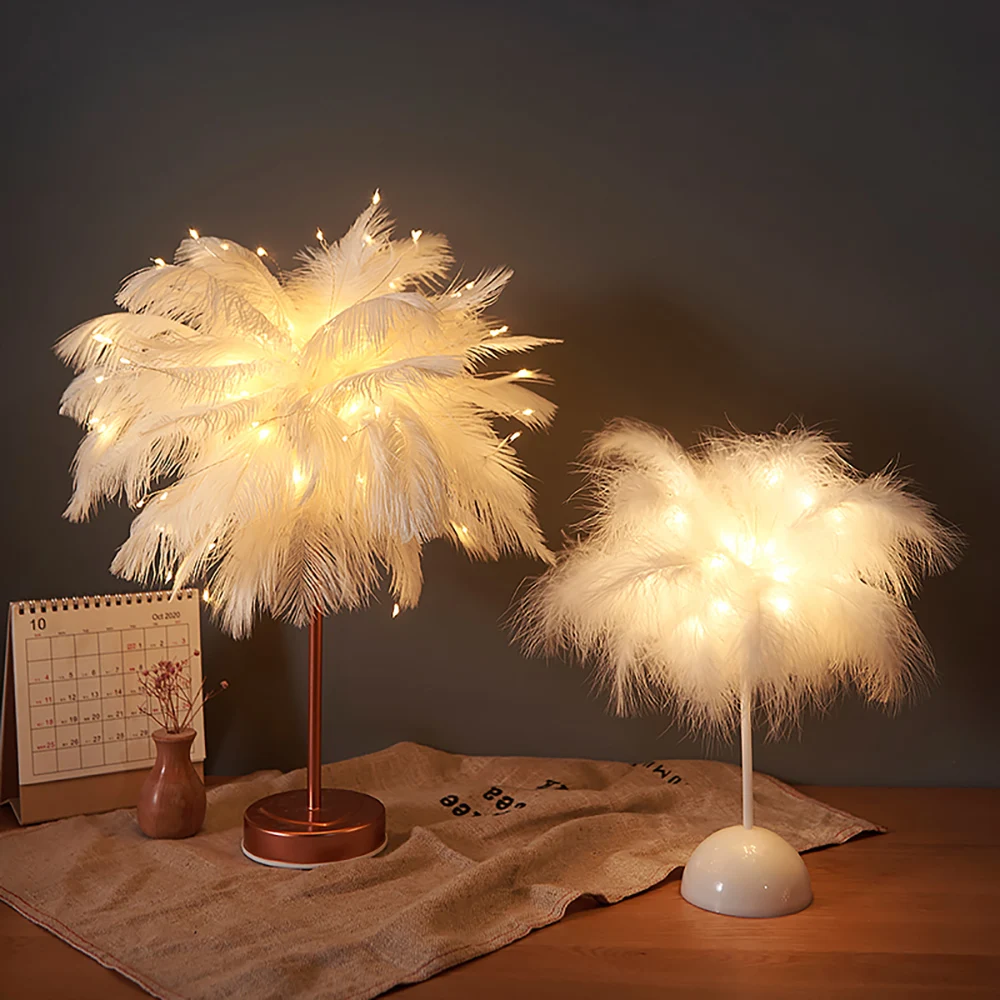 LED Night Light USB Fairy Light Feather Table Lamp Desk Decoration Living Room Party Christmas Wedding Girl Bedroom Decoration