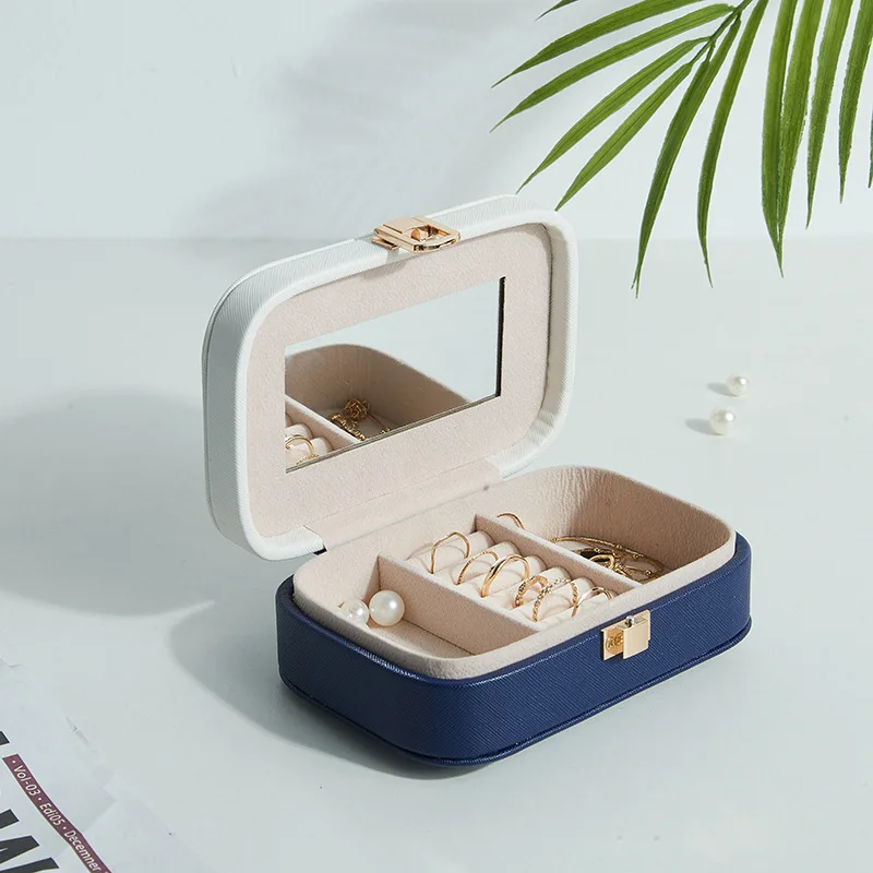 Fashion large capacity two-color matching jewelry box with mirror travel jewelry storage box PU material custom logo jewelry box