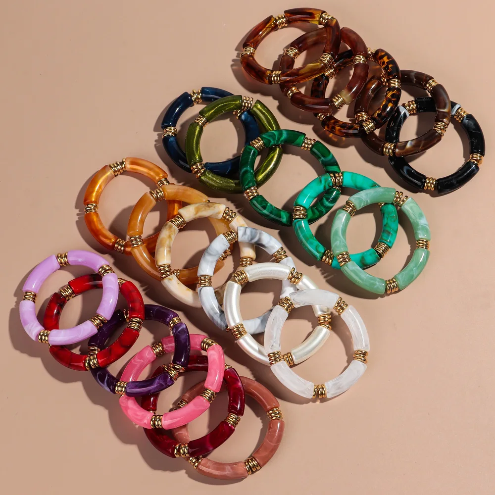 Bohemian Style Colored Marble Resin Bangle Fashion Jewelry Eco-friendly Metal Spacer Tube Bead Acrylic Bracelet Wholesale