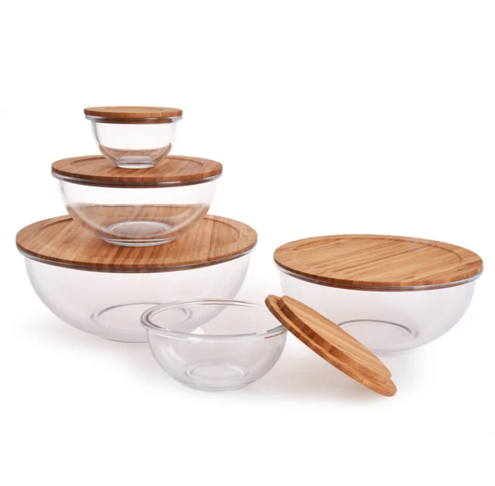 Eco friendly 5 pcs clear glass fruit bowls mixing bowl set with wood lid