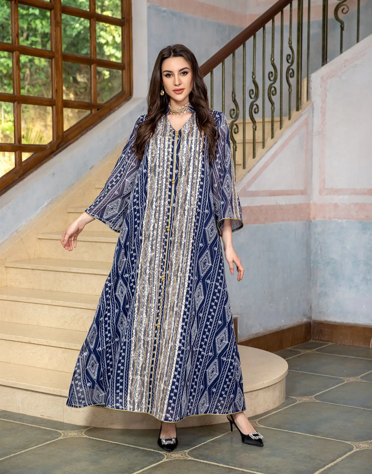 AB355 2024 Muslim New Year Mesh Embroidered Evening Gown Sequin Splicing Dress Fashion Dubai Robe