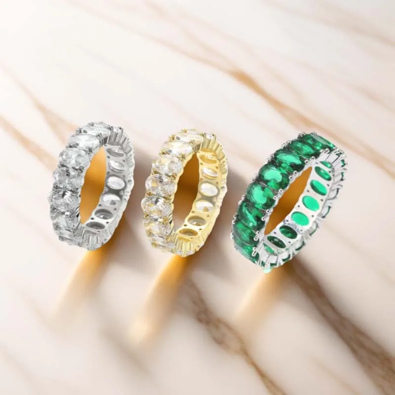 Popular Wholesale Full Circle Unique Silver Jewelry Women Oval Eternity Engagement Wedding Diamond Baguette Ring