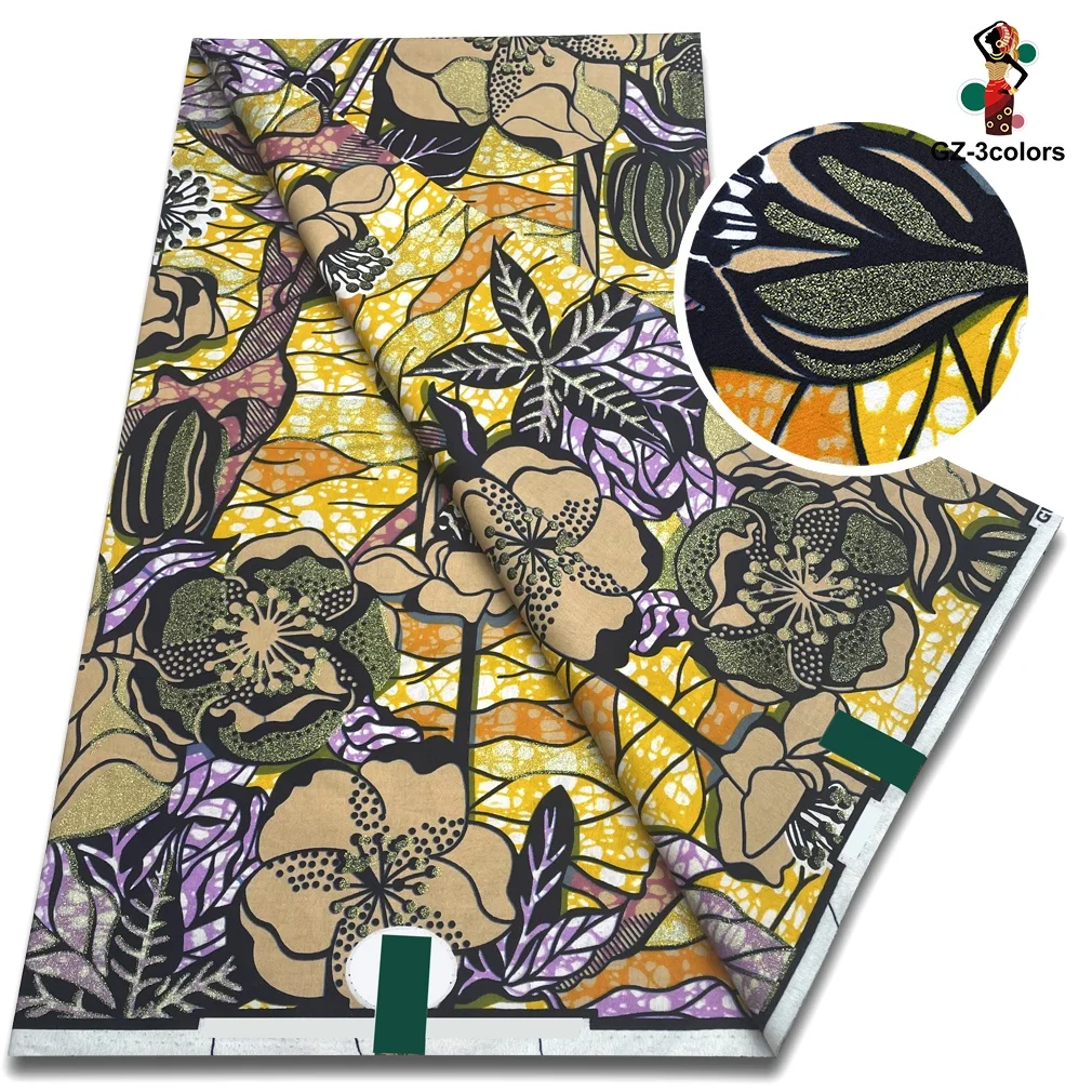 NEW 2024 Ankara Wax Fabric 100% Cotton 6 Yards African Wax Prints Gold Super Fabric
