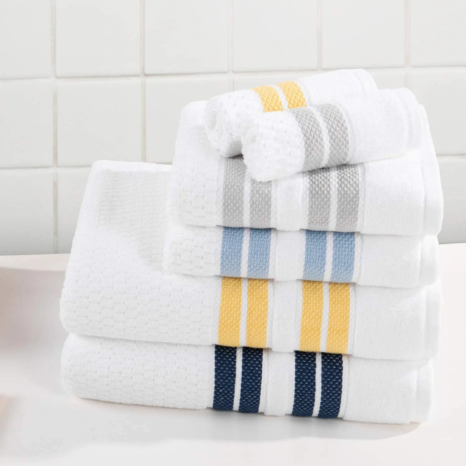 Durable - High Absorbency 650gsm 100% Egyptian cotton white towel with colored stripes yarn-dyed bathroom towels
