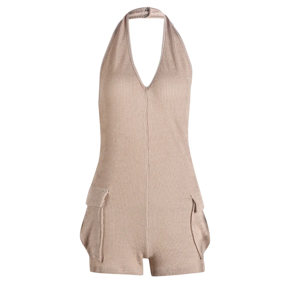 Trending 2024 Casual Knitted Jumpsuit Halter V Neck Skinny Rompers Playsuits One Piece Backless Slim Jumpsuit For Women