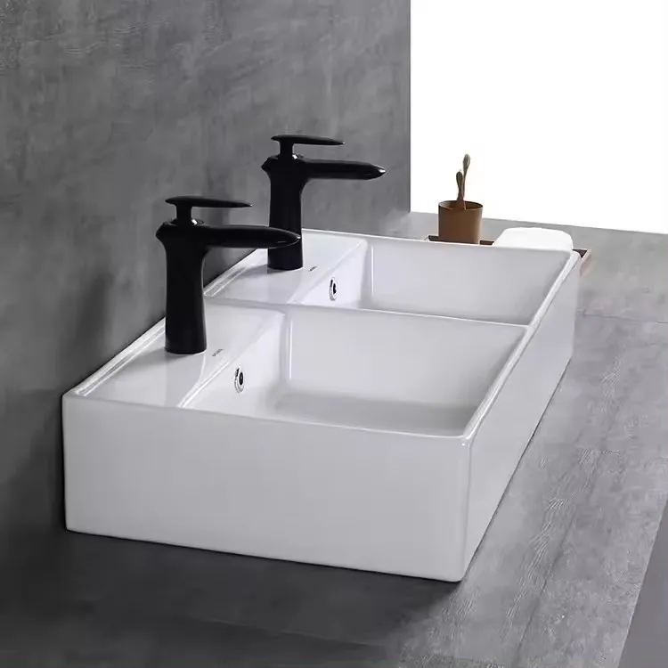 Modern Rectangular White Ceramic Double Bowls Countertop Vanities Lavabos Bathroom Art Wash Basin Sink