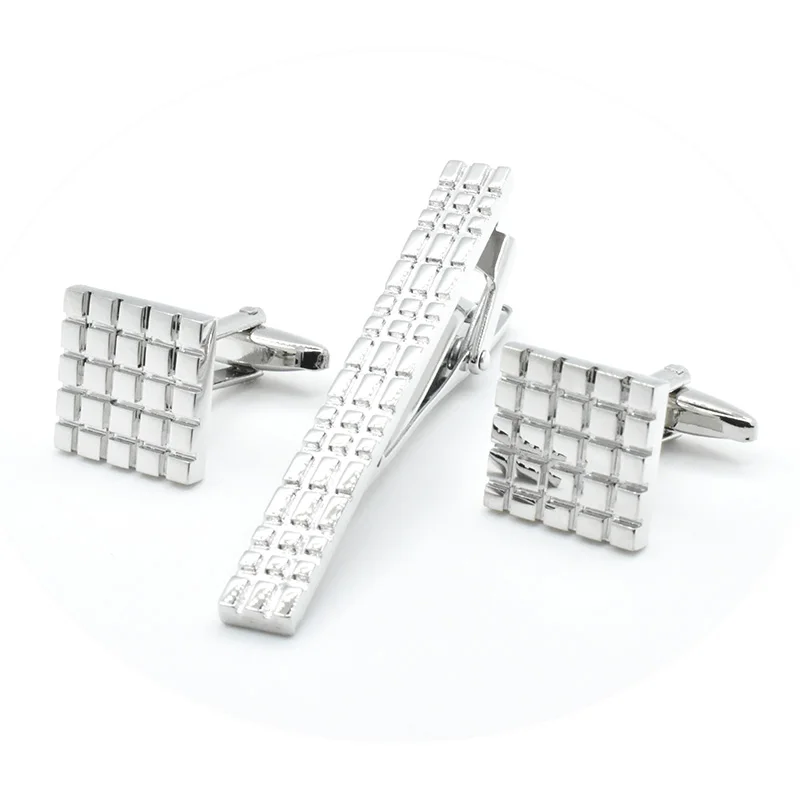 Engraved Square Customized Cufflinks and Tie bar Grid Texture Pattern Tie Pin Plain Metal Silver Cufflinks Tie Clip Sets