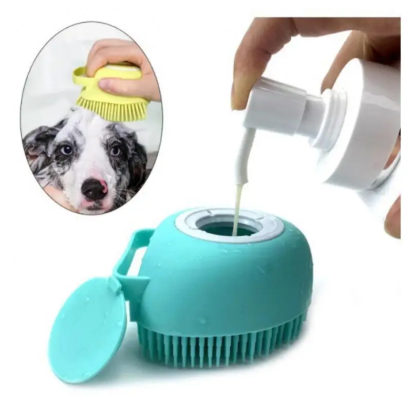 Silicone Shower Brush Logo Printed Pet Bathing Grooming Products Bath Massage Pet Hair Brush Shampoo Dispenser for Dogs
