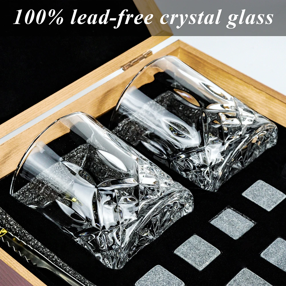 Hot Selling Bar Accessories Cooling Chilling Ice Cubes Whiskey Stones Gift Set With 2 Whiskey Glass And Velvet Bag