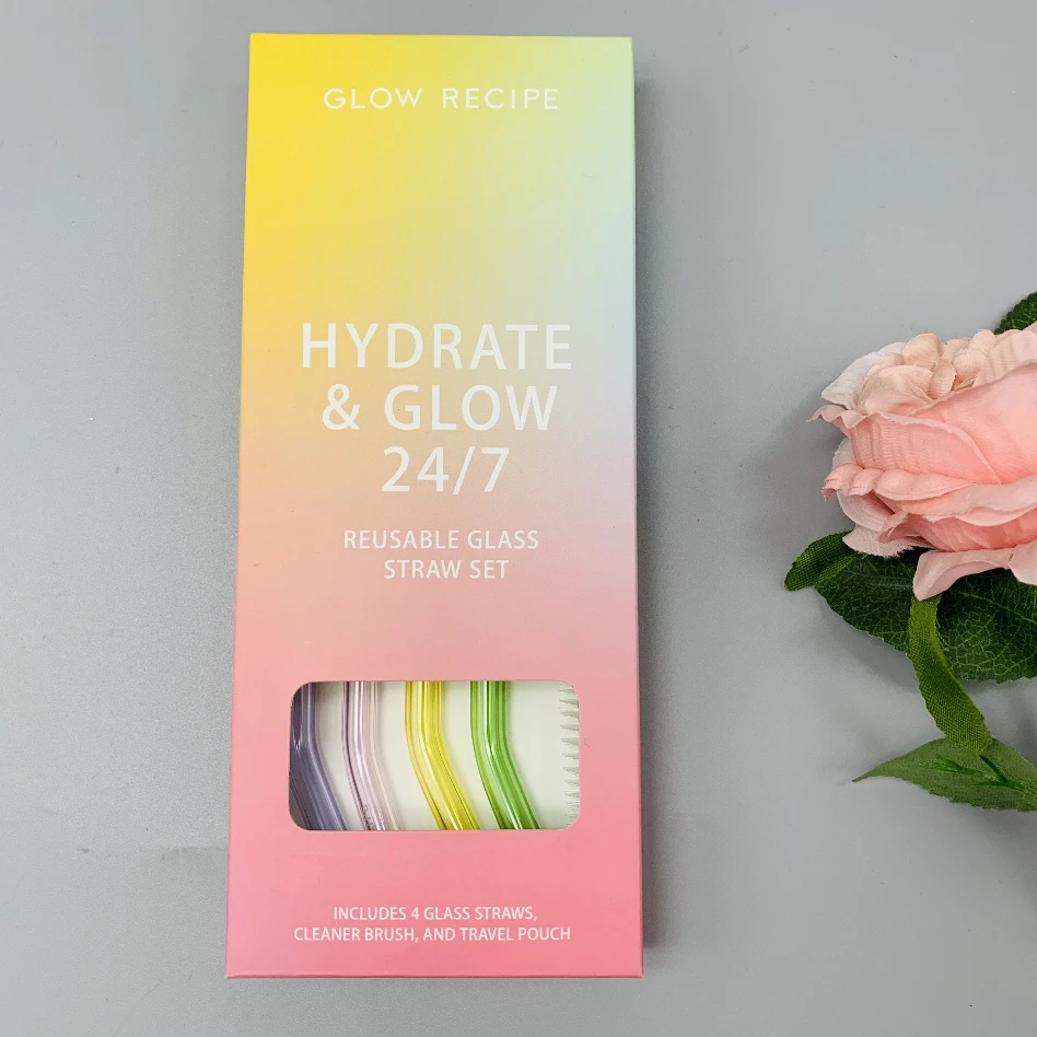 Colorful Straw Set 4+1 with Customized Gift Box Eco Friendly Drinking Glass Straw Set With Custom Paper Box