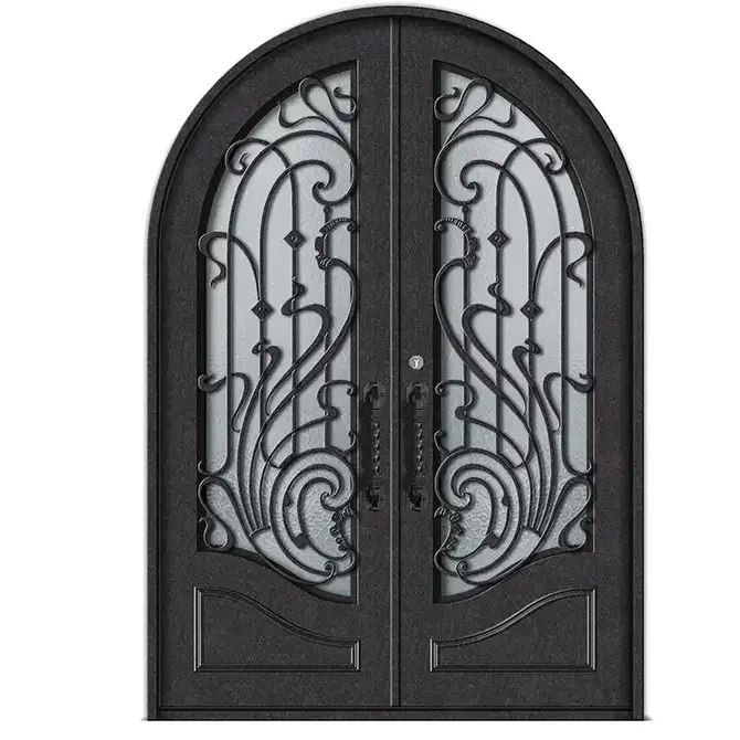Modern metal grill double door design glazed front door iron wrought price