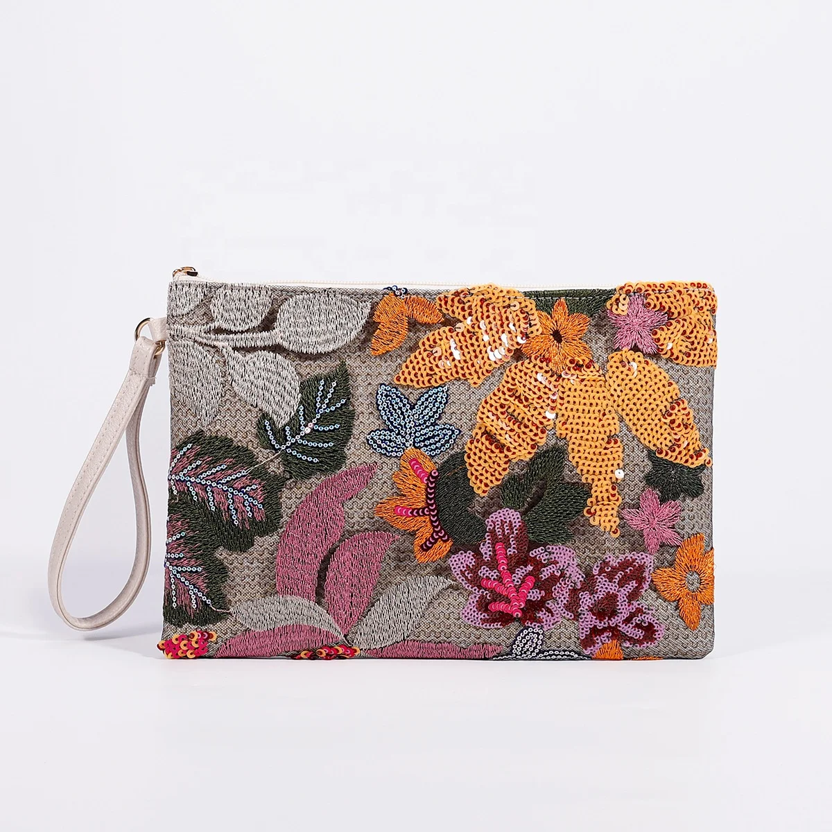 New Arrival Portable Colorful Sequined Floral Embroidered Woven Straw Clutch Bag