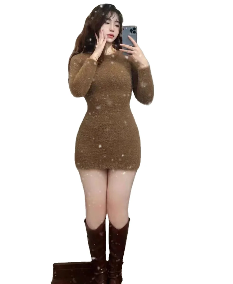 Coffee colored fur tight elastic round neck long sleeved skirt with hip wrap, sexy spicy girl autumn and winter dress