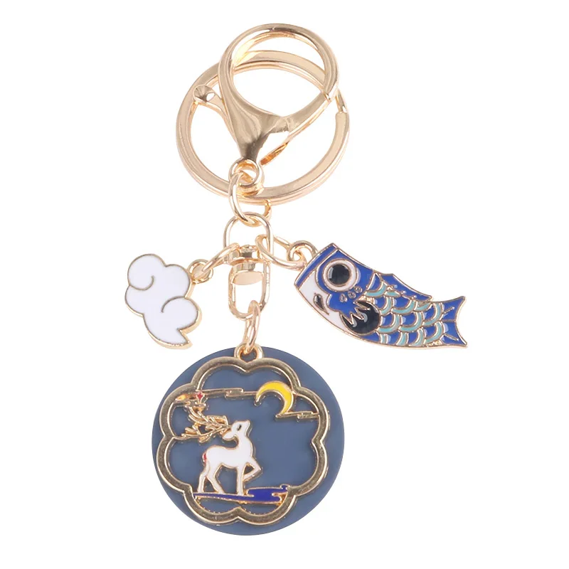 Chinese style alloy oil dripping metal keychain rabbit cat flower deer best friend couple keychain student bag Pendant